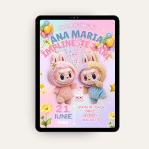 invitatie digitala zi de naștere copii, desene animate, labubu, invitație electronică